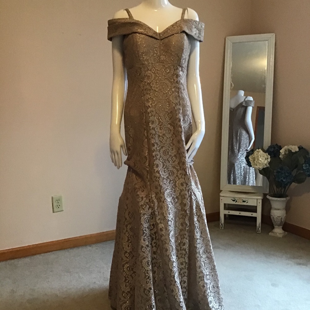 Gown, off the shoulder cream, lace and glimmer